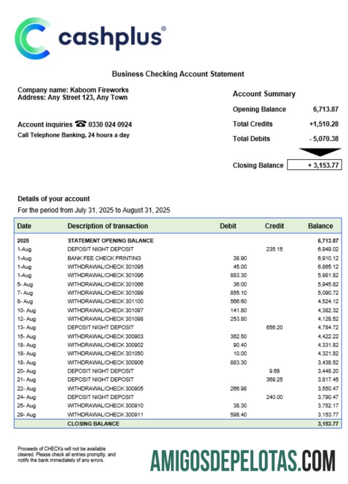 Baixável Reino Unido Cashplus Extrato de conta corporativa modelo Word e PDF